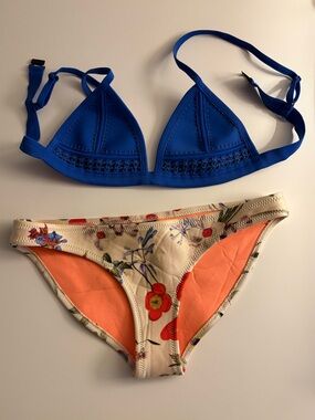 Blue Triangl Brand Bikini Top with Floral Cream Bikini Bottoms